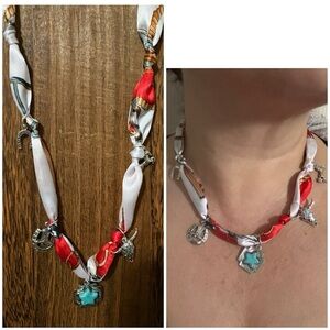 Handmade silky tie Necklace with boho western charms